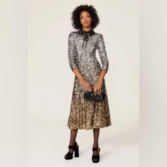 $650•Badgley Mischka•Gold & Silver Sequin Ombre Collared Dress•NEW! - Picture 4 of 17